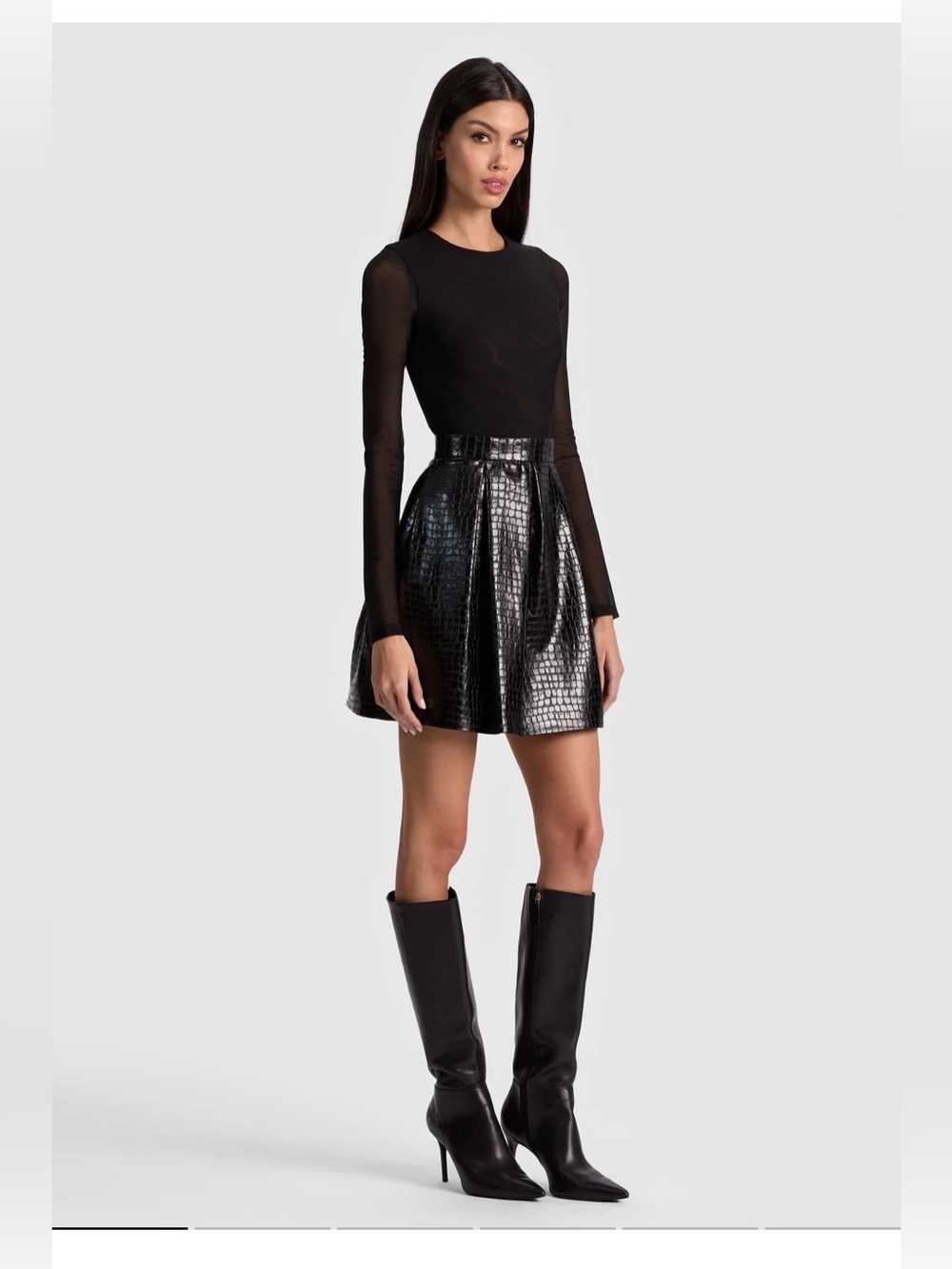 Alice + Olivia Chara Vegan Croc Mini Dress Black Size 2 Sheer Sleeve Zip